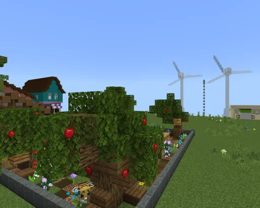 A Minecraft screenshot of a community garden with windmills visible in the background.