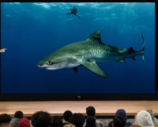 A man standing on stage in front of an audience points at a screen. On the screen, a large shark swims near the surface of the water. A diver is swimming in the background.