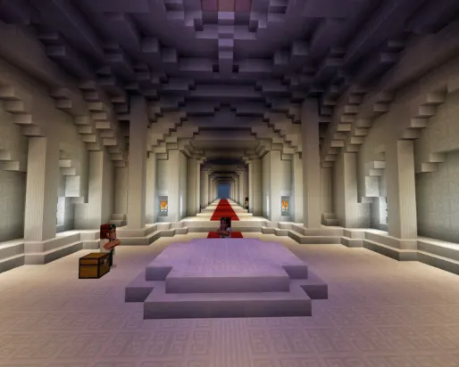 A Minecraft screenshot of a rotunda made of white stone, beyond which are hallways leading to museum displays