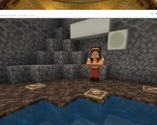 A Minecraft screenshot of a person standing on a beach. Layered walls containing bones are behind the person, and fossil bones and shells scatter the shore.