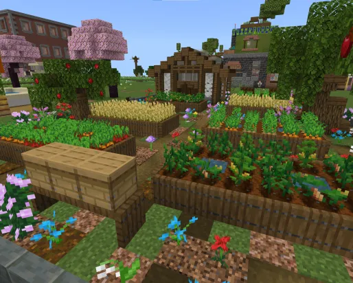 A Minecraft screenshot of a garden containing vegetable plots, flowers, beehives, and a greenhouse.