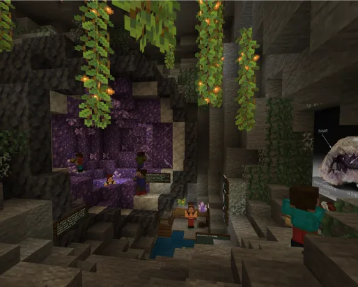 A Minecraft screenshot of a large amethyst and calcite geode. Small Minecraft characters walk around the geode, and a large labelled poster of a real geode is on the wall.