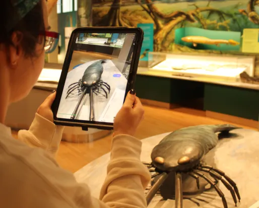 A person 3D scanning a reproduction of Acutiramus macrophthalmus (and the surrounding area) in a museum gallery