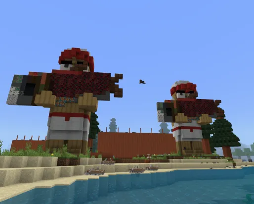 A Minecraft screenshot of two large statues holding salmon on a beach.