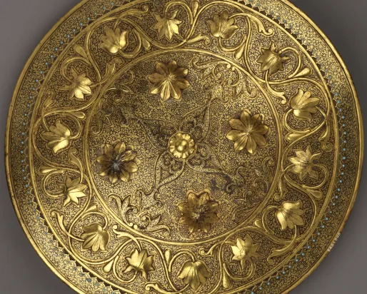 Mughal Empire, 18th - 19th century CE, gold shield with ring of inlaid turquoise gems.