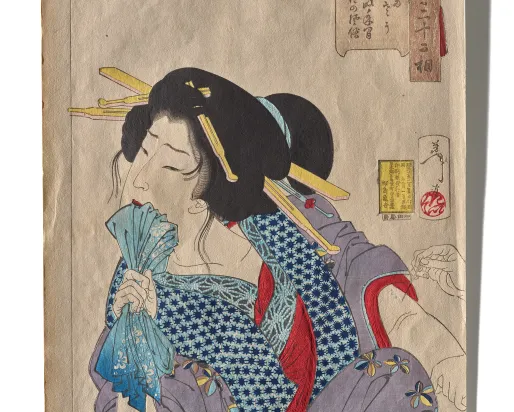 Tsukioka Yoshitoshi, Woman getting tattooed from the 32 Aspects of Beauties of the Woman, c. 1888, woodblock print. Photo © Paul Eekhoff/ROM.