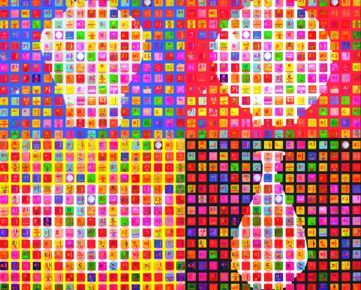 A dense, colorful grid of hundreds of small square tiles painted in bright reds, yellows, blues, and greens, each tile containing a single Korean Hangul character or symbol, forming repeating bands of text across the image like a vibrant abstract tapestry or living alphabet.