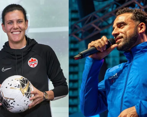 Portrait photos of Christine Sinclair and Dwayne De Rosario 