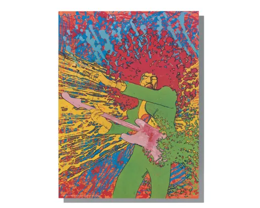 Illustration vivante de style psychédélique représentant un personnage humain jouant de la guitare électrique, entouré d'éclaboussures explosives de peinture rouge, jaune, bleue et verte. Le personnage porte un vêtement vert vif et tient une guitare rose en diagonale sur son corps, tandis que des lignes énergiques et des éclats de peinture rayonnent vers l'extérieur, créant une impression de mouvement, de son et d'intensité sur un arrière-plan abstrait très saturé.