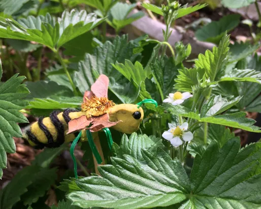 A bee made of household objects against a background of strawberry leaves