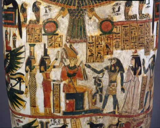 Egyptian painting of a woman being presented to the God Osiris