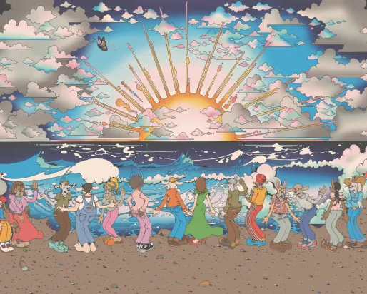 Fresque psychédélique représentant une foule hétéroclite de personnages fantaisistes, mi-humains mi-lapins, dansant sur une plage, avec des vagues déferlantes, un lever de soleil rayonnant et un ciel parsemé de nuages stylisés.