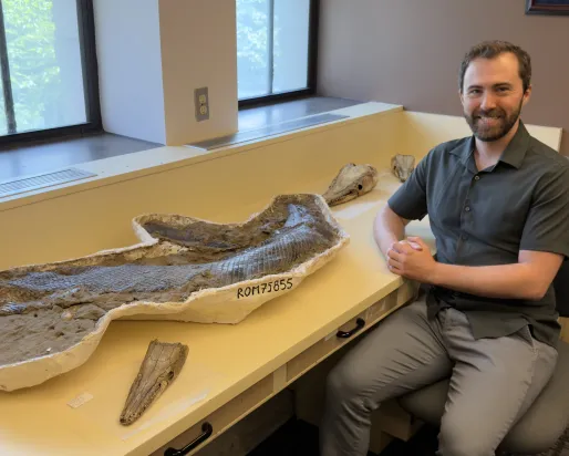 Tom Dudgeon sitting next to a long, irregularly shaped fossil on a white table near windows.