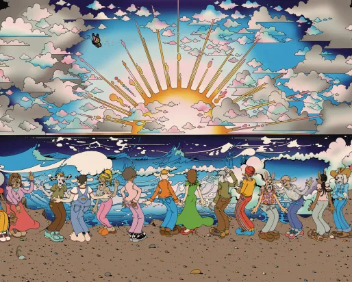 Colourful illustrated seaside scene showing a diverse group of whimsical characters dancing together along a beach, with ocean waves, clouds, and a radiant sunrise in the background.