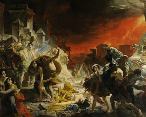 Le dernier jour de Pompéi est une grande toile peinte par l'artiste russe Karl Briullov en 1830-33 (Musée de l'Ermitage, image du domaine public).
