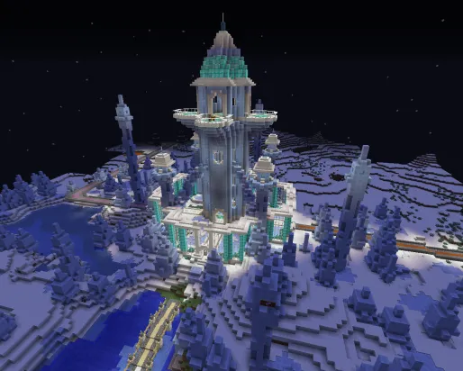 a Minecraft tower with red, yellow, and purple roads leading in different directions away from it
