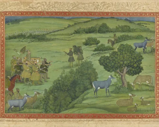 A grassy landscape with grazing animals and a group of men carrying a man in a palaquin.
