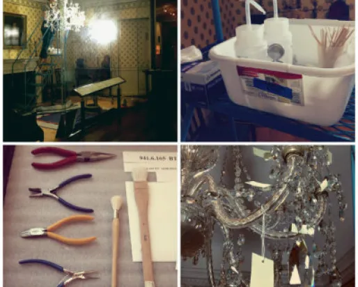 Emily nettoie le lustre néoclassique avec ses outils et ses fournitures. Photos de Jaime Clifton-Ross
