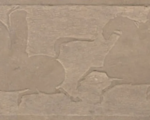 Frise de la tombe de Zuo Biao, grès, 110 cm de long, datée par inscription de 150 après J.-C., dynastie des Han orientaux, village de Mamaozhuang, Chine, # 925.25.22.N
