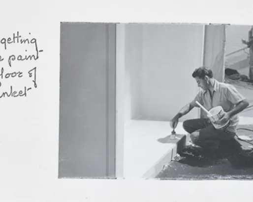 "Frank getting the blue paint on the floor of the blanket cases."
