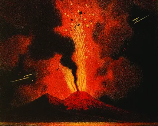 Illustration ancienne en couleur (vers 1866) de l'éruption du Mont Vésuve

