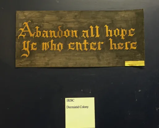 A photo of the sign posted outside the door of the ROM's dermestid beetle colony quotes Dante's Inferno, "Abandon all hope ye who enter here"
