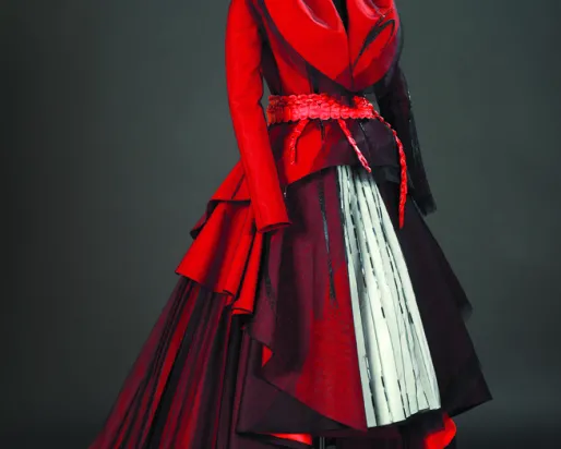 Red dress with white panels and black beaded designs

