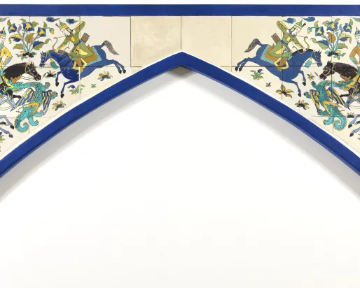 Dragon Hunt, displayed in Wirth Gallery of the Middle East. Tile Arch, cuerda seca, Isfahan, Iran, c. 1685. Royal Ontario Museum

