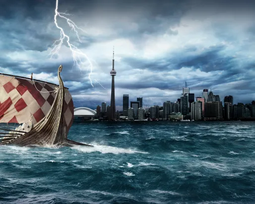 Graphic showing a Viking ship in Toronto harbour
