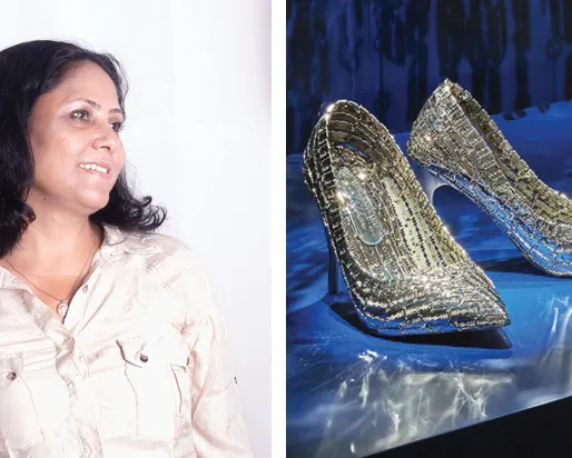 Artist Tayeba Begum Lipi and Two high heels made of razorblades. Not For Me, 2018. Stainless steel razor blades, 16 x 22 x 9 cm (each shoe). Collection of Royal Ontario Museum. This acquisition was made possible with the generous support of the Louise Hawley Stone Charitable Trust, Peer Review Fund. Photo: ROM
