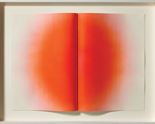 Red sculptural print that looks like a raised book fold with a dispersing red dot in the middle
