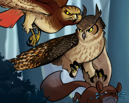 an animated hawk and owl fight over a squirrel
