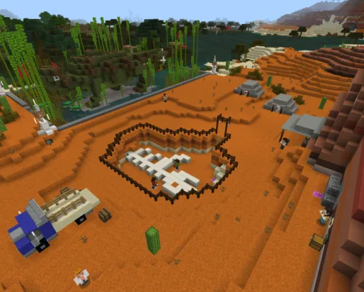 A Minecraft screenshot of a dinosaur dig site with exposed dinosaur fossil, tents, truck with crates, and a holographic recreation of an ankylosaur.
