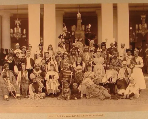 Sir Asman Jah and Fancy Dress Ball Guests, Bashir Bagh Palace, February 1890, Albumen print
