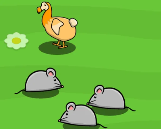 un dodo se tient dans un champ vert entouré de rats
