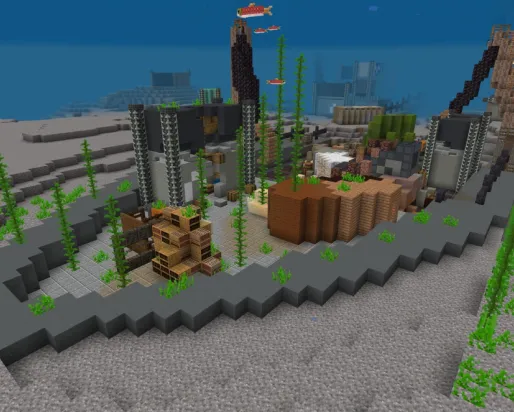 A Minecraft screenshot of a sunken cargo ship with fish swimming around crane arms and broken cargo containers
