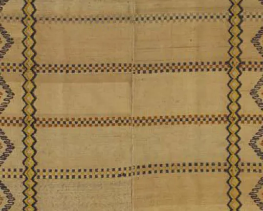 Detail of woven coverlet in neutral colours.
