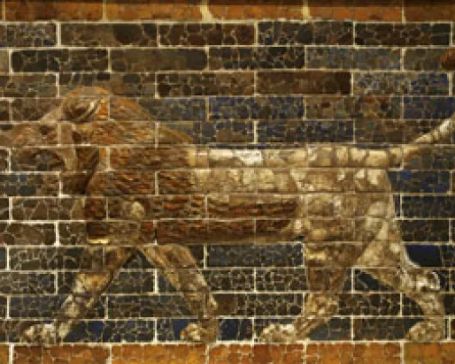 Striding Lion -  terracotta relief Babylon, Southern Citadel.  605 - 562 BCE From the throne room facade of the palace of King Nebuchadnezzar II 937.14.1    Â© ROM 2013