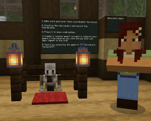 A Minecraft screenshot of an in-game guide standing next to the coding agent. Chalkboards in the background outline steps to creating a code to summon the agent, and indicate that the viewer is facing west.
