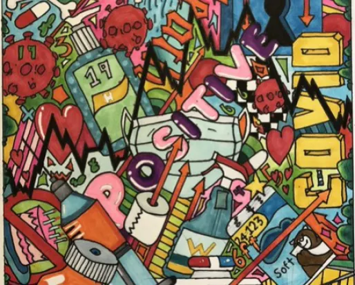 Colourful graffiti-style painting depicting coronavirus imagery.
