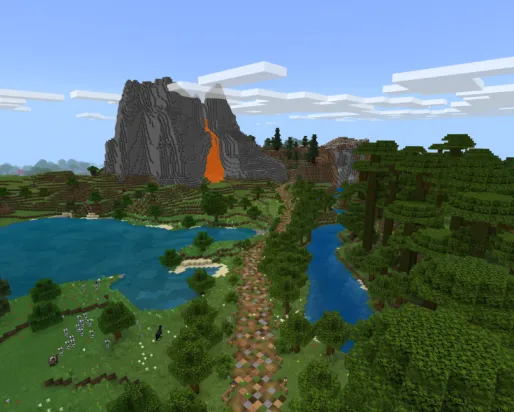 Capture d'écran Minecraft d'un chemin traversant un paysage rural en direction d'un grand volcan dont la lave se déverse sur les flancs.
