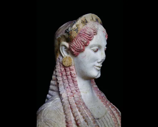 Statue detail of Kore 670, profile of face & crown/earring, right side