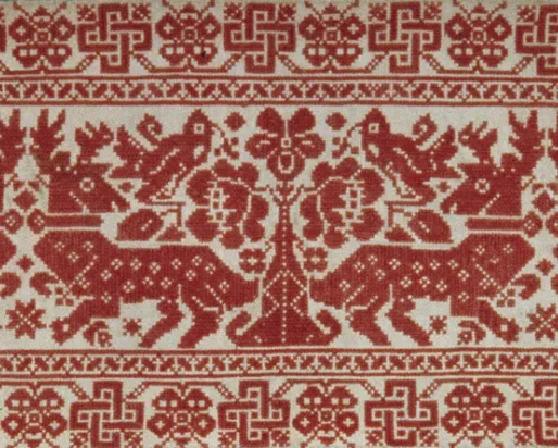 Bout d'oreiller. Fabriqué en Transylvanie (Roumanie actuelle) dans la tradition hongroise. Peut-être 2e moitié du 19e siècle. Coton tabby avec broderie au point de croix. 972.415.14 Don de Miss Jean Alexander.