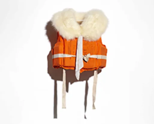 Image of a repurposed life jacket. Image taken on a white background.
