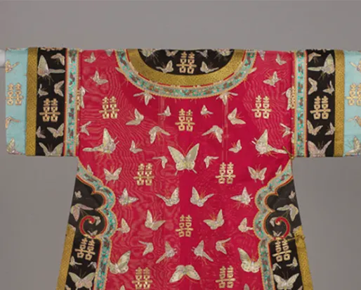 Wedding robe (changfu). China. Qing Dynasty, 1895-1900. Silk gauze embroidered in silk, gold and silver wrapped thread. 979.107.1 Gift of Mrs. Willian C. Van Horne.