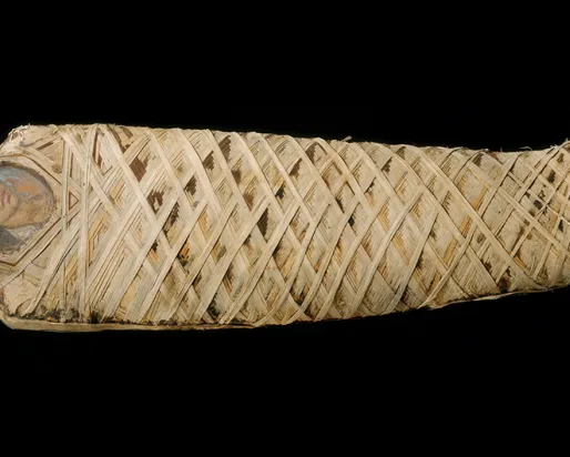 Mummy with an inserted portrait panel of a youth; 80–100 CE.