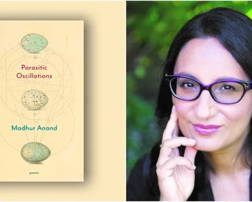 Head shot of Madhur Anand with cover of book