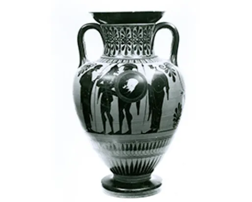 Black and white image of an ancient Greek vase with four dark figures on it.
