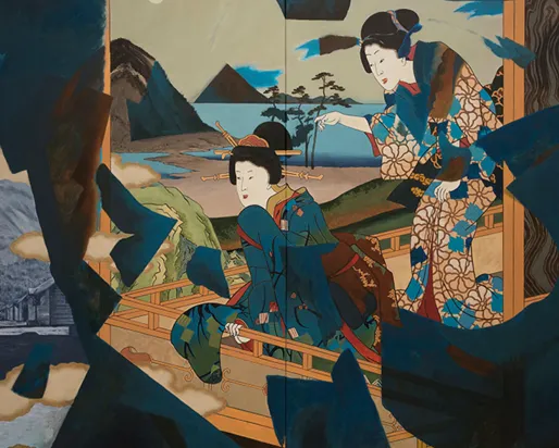 Peinture d'un résident d'un camp d'internement en Colombie-Britannique et de femmes vêtues de kimonos tirées d'une estampe ukiyo-e du XIXe siècle.
