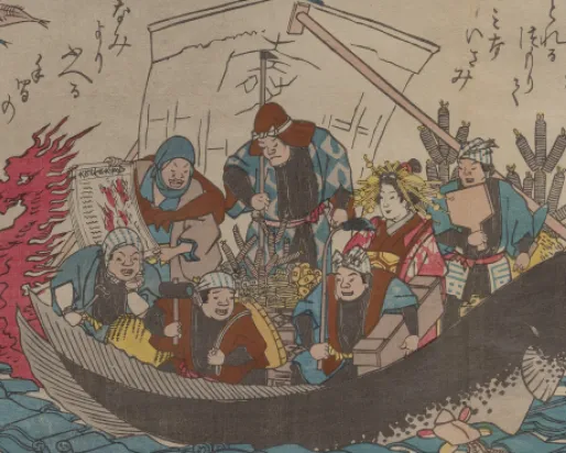 A crowd of prosperous earthquake survivors are crowded in a overloaded boat resembling a catfish.